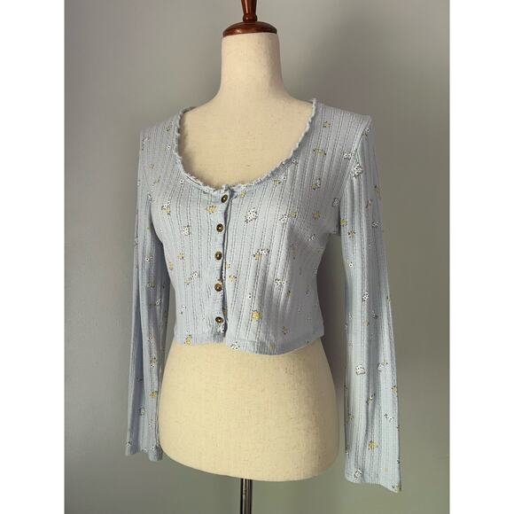 Cotton On Tops - Cropped Ditsy Floral Button Down Ruffle Scoop Neck Long Sleeve Top Cotton:On